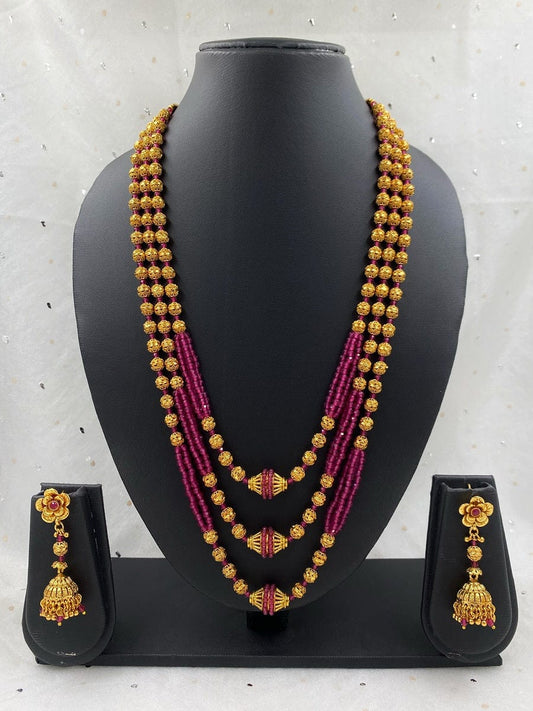 Traditional Gold Plated Triple Layered Golden Matar Mala Necklace For Women (Pink) Golden Beads Jewellery