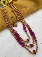 Traditional Gold Plated Triple Layered Golden Matar Mala Necklace For Women (Pink) Golden Beads Jewellery