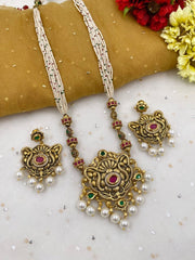 Traditional Gold Plated Wedding Antique Kundan Pendant With Pearls Necklace Set For Ladies Antique Golden Necklace Sets