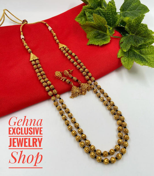 Traditional Gold Toned Double Layered Golden Beads Matar Mala Black Necklace For Woman Golden Beads Jewellery