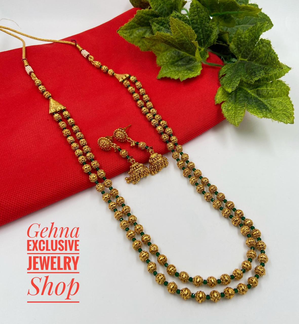Traditional Gold Toned Double Layered Golden Beads Matar Mala Green Necklace For Woman Golden Beads Jewellery