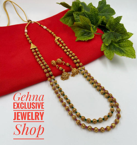 Traditional Gold Toned Double Layered Golden Beads Matar Mala Multi Color Necklace For Woman Golden Beads Jewellery