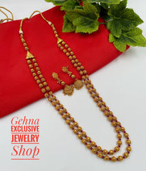 Traditional Gold Toned Double Layered Golden Beads Matar Mala Rhodolite Necklace For Woman Golden Beads Jewellery