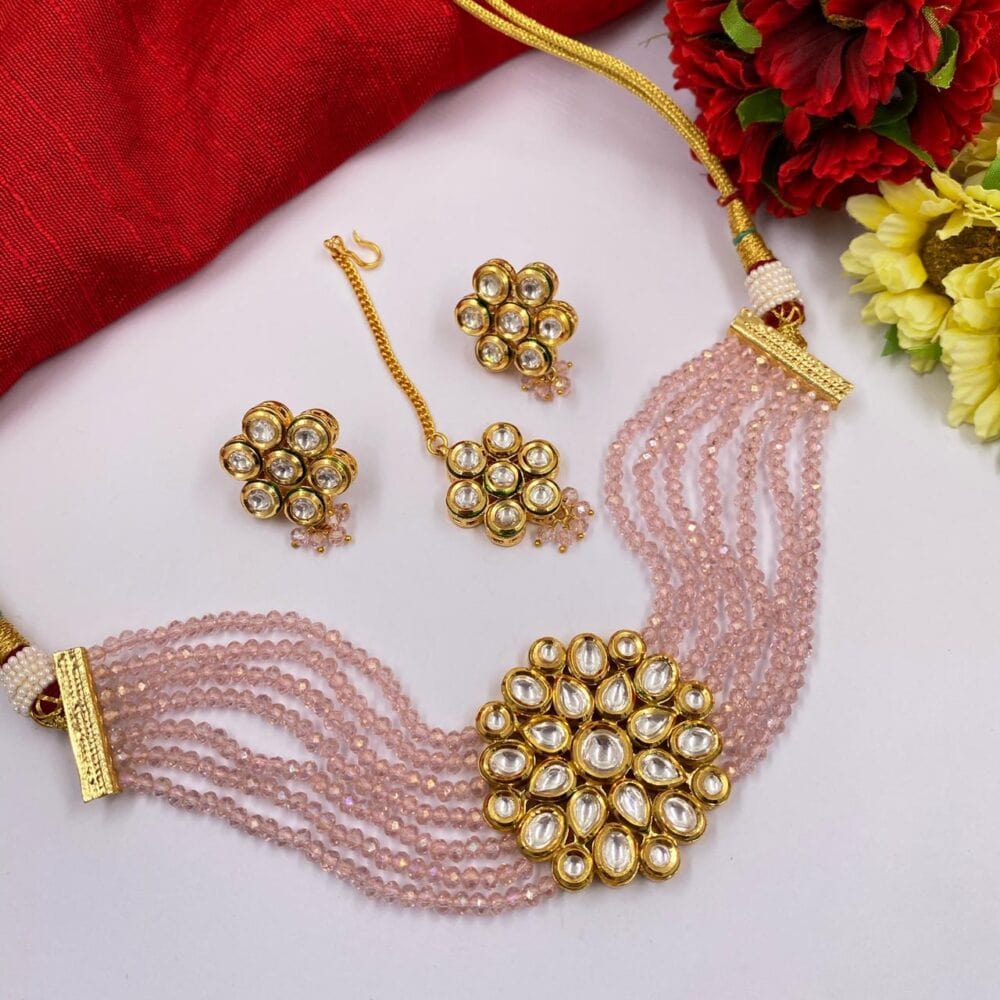 Traditional Gold Toned Kundan And Baby Pink Beads Choker Necklace Set With Tikka Choker Necklace Set