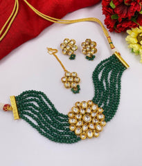 Traditional Gold Toned Kundan And Green Beads Choker Necklace Set With Tikka Choker Necklace Set