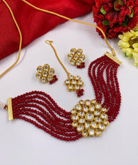 Traditional Gold Toned Kundan And Red Beads Choker Necklace Set With Tikka Choker Necklace Set