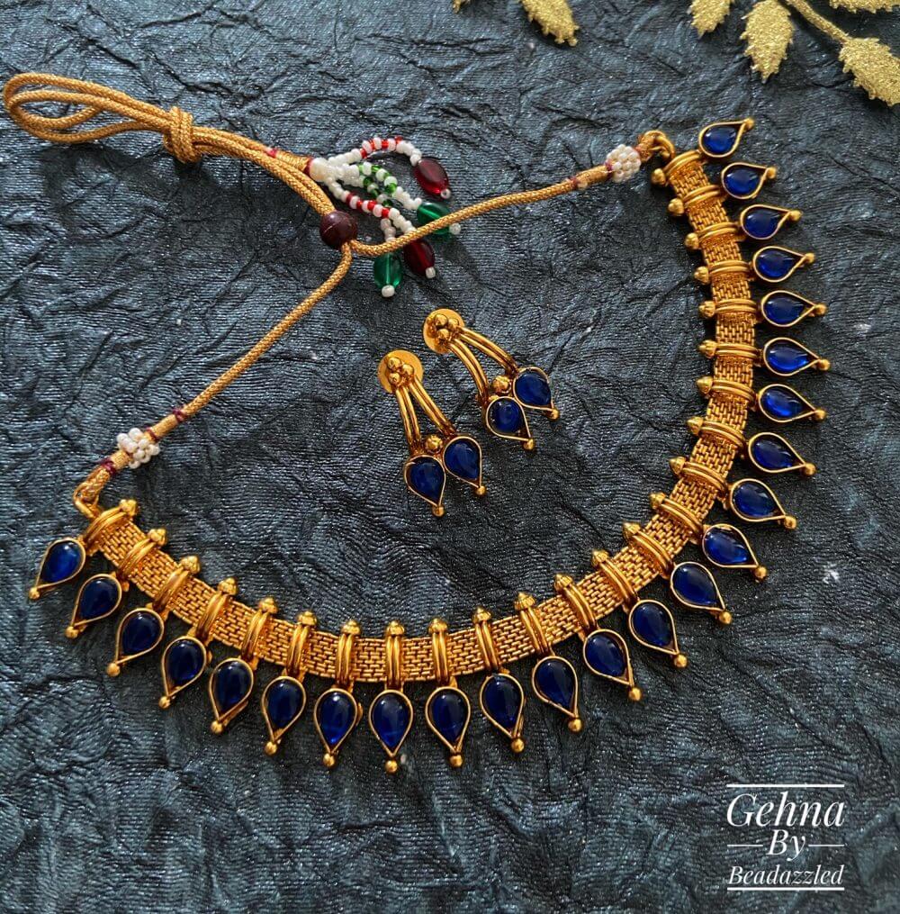 Traditional Gold Toned Royal Blue Antique Golden Party Necklace Set For Woman Antique Golden Necklace Sets