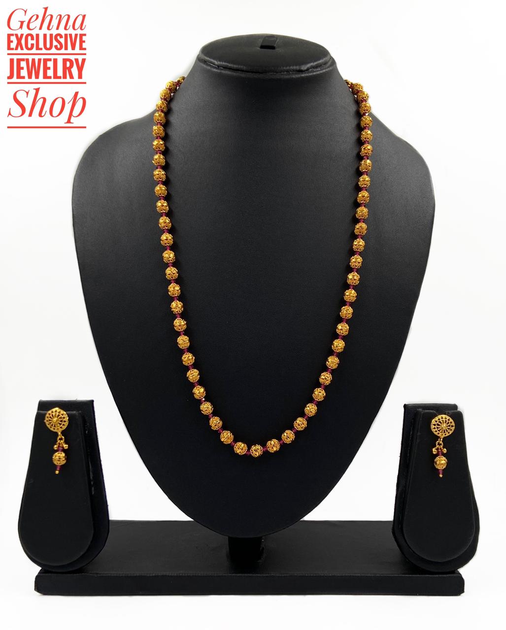 Traditional Gold Toned Single Strand Golden Beads Matar Mala Necklace For Woman (Rhodolite) Golden Beads Jewellery