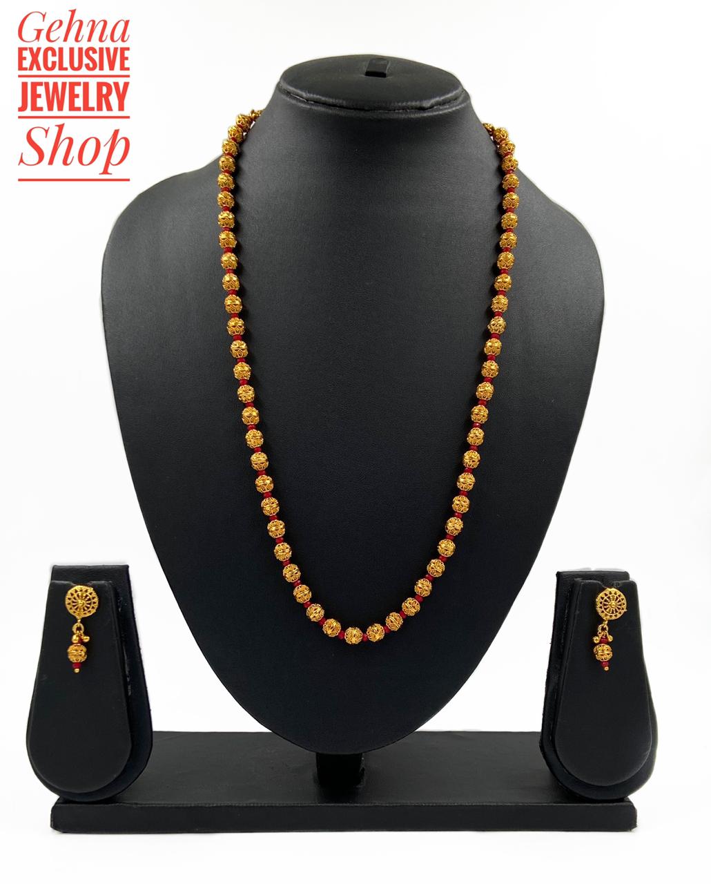 Traditional Gold Toned Single Strand Golden Beads Matar Mala Red Necklace For Woman Golden Beads Jewellery