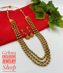 Traditional Gold Toned Triple Layered Golden Beads Matar Mala Green Necklace For Woman Golden Beads Jewellery