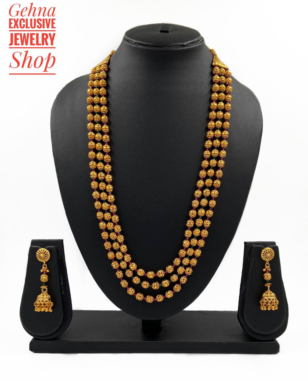 Traditional Gold Toned Triple Layered Golden Beads Matar Mala Necklace Multi Color For Woman Golden Beads Jewellery