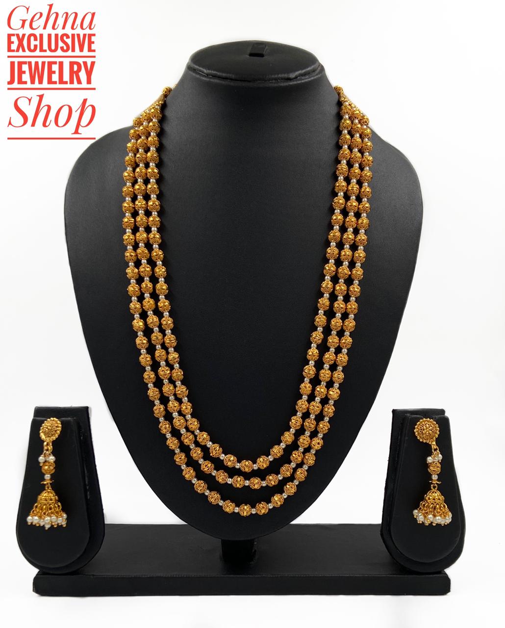 Traditional Gold Toned Triple Layered Golden Beads Matar Mala Pearls Necklace For Woman Golden Beads Jewellery