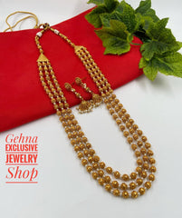 Traditional Gold Toned Triple Layered Golden Beads Matar Mala Pearls Necklace For Woman Golden Beads Jewellery