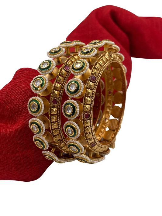 Traditional Green Meena Kundan And Pearls Pacheli Bangles For Women Antique Golden Bangles