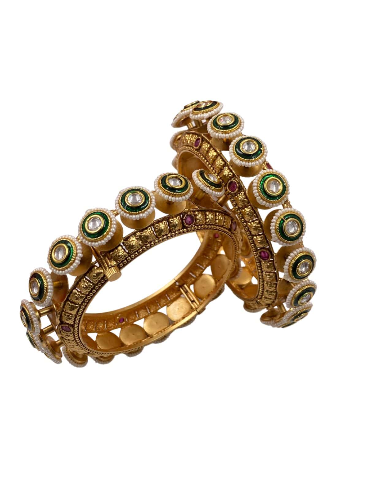 Traditional Green Meena Kundan And Pearls Pacheli Bangles For Women Antique Golden Bangles