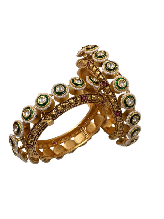 Traditional Green Meena Kundan And Pearls Pacheli Bangles For Women Antique Golden Bangles