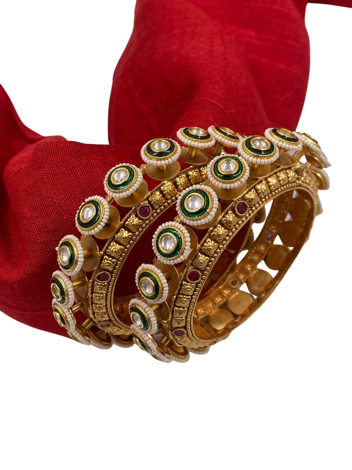 Traditional Green Meena Kundan And Pearls Pacheli Bangles For Women Antique Golden Bangles