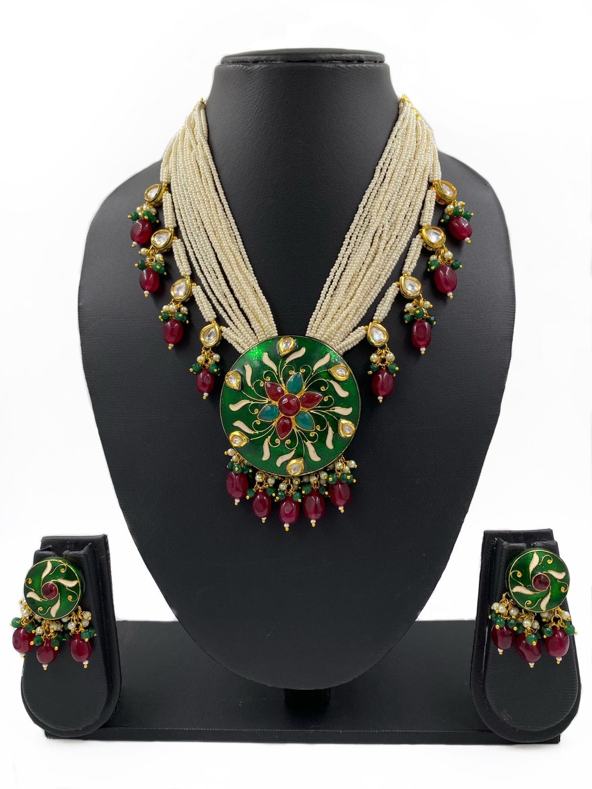 Traditional Green Meenakari Pendant Necklace Set With Pearls By Gehna Shop Meenakari Necklace Sets