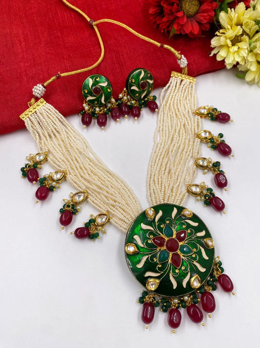 Traditional Green Meenakari Pendant Necklace Set With Pearls By Gehna Shop Meenakari Necklace Sets