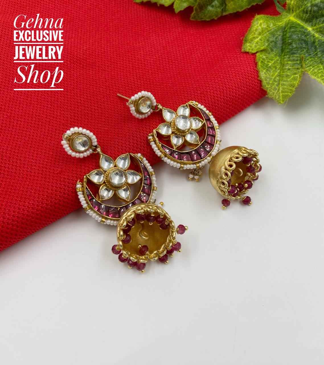 Traditional Hand Gold Toned Pacchi Kundan Party Wear Jhumki Earrings