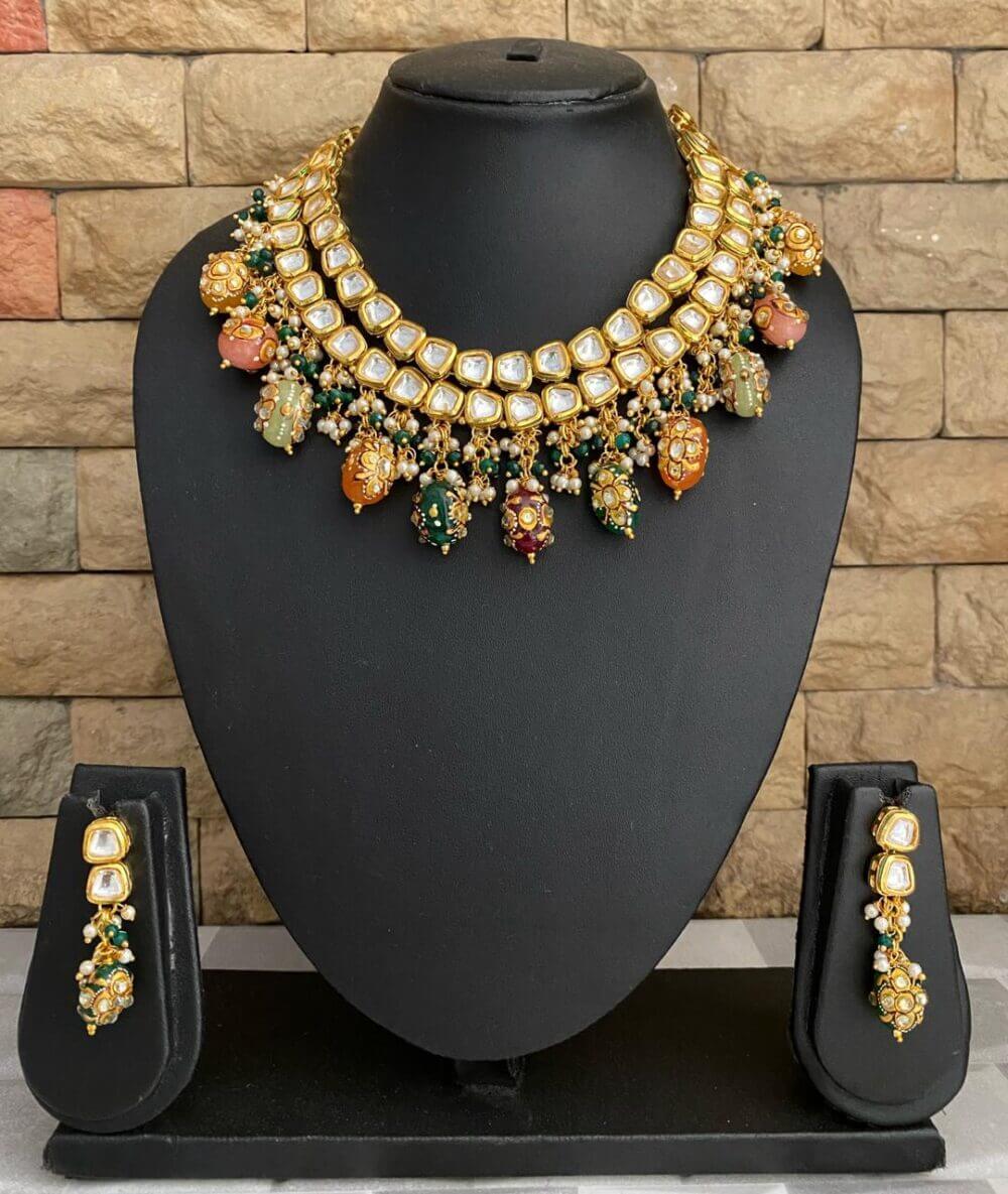 Traditional Handcrafted Kundan Party Necklace Set With Multicolor Stone Beads Kundan Necklace Sets