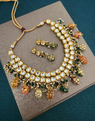 Traditional Handcrafted Kundan Party Necklace Set With Multicolor Stone Beads Kundan Necklace Sets