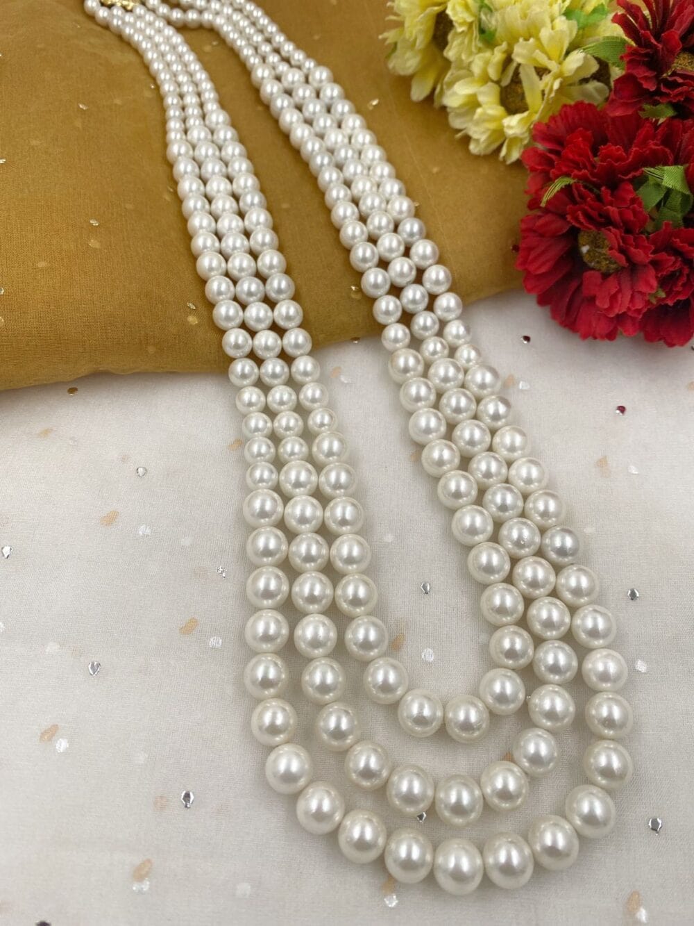 Traditional Handcrafted Triple Layered Real Shell Pearl Beads Necklace For Grooms By Gehna Shop Beads Jewellery