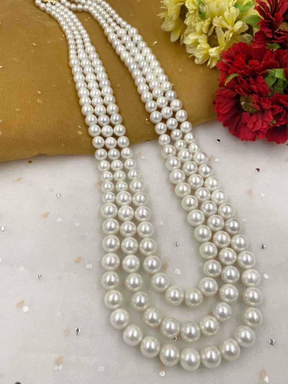 Handcrafted Triple Layered Shell Pearl Necklace For Grooms Pearl Mala For Sherwani