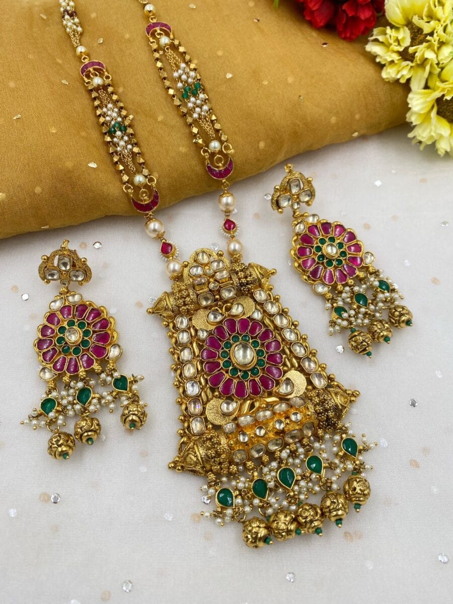 Traditional Handmade Designer Gold Plated Golden Jadau Wedding Necklace Set For Woman Antique Golden Necklace Sets