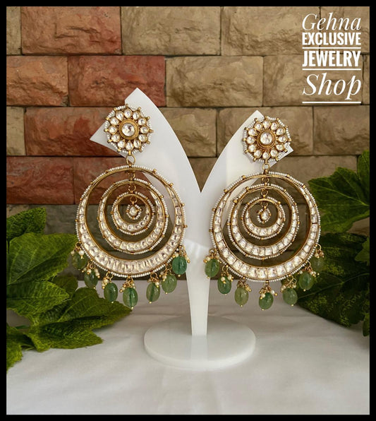 18K Gold Plated Traditional Big Kundan & Pearl Chandbali Earrings with  Maang Tikka Set for Women And Girls