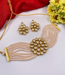Traditional Handmade Kundan And Peach Color Beads Choker Necklace Set Choker Necklace Set