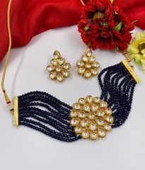 Traditional Handmade Kundan And Royal Blue Beads Choker Necklace Set Choker Necklace Set