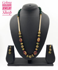 Traditional Handmade Semi Precious Green Jade Golden Thanjavur Painted Beaded Necklace Beads Jewellery