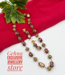 Traditional Handmade Semi Precious Maroon Jade Gold Painting Beaded Necklace Beads Jewellery