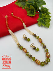 Traditional Handmade Semi Precious Orange Jade Golden Thanjavur Painted Beaded Necklace Beads Jewellery
