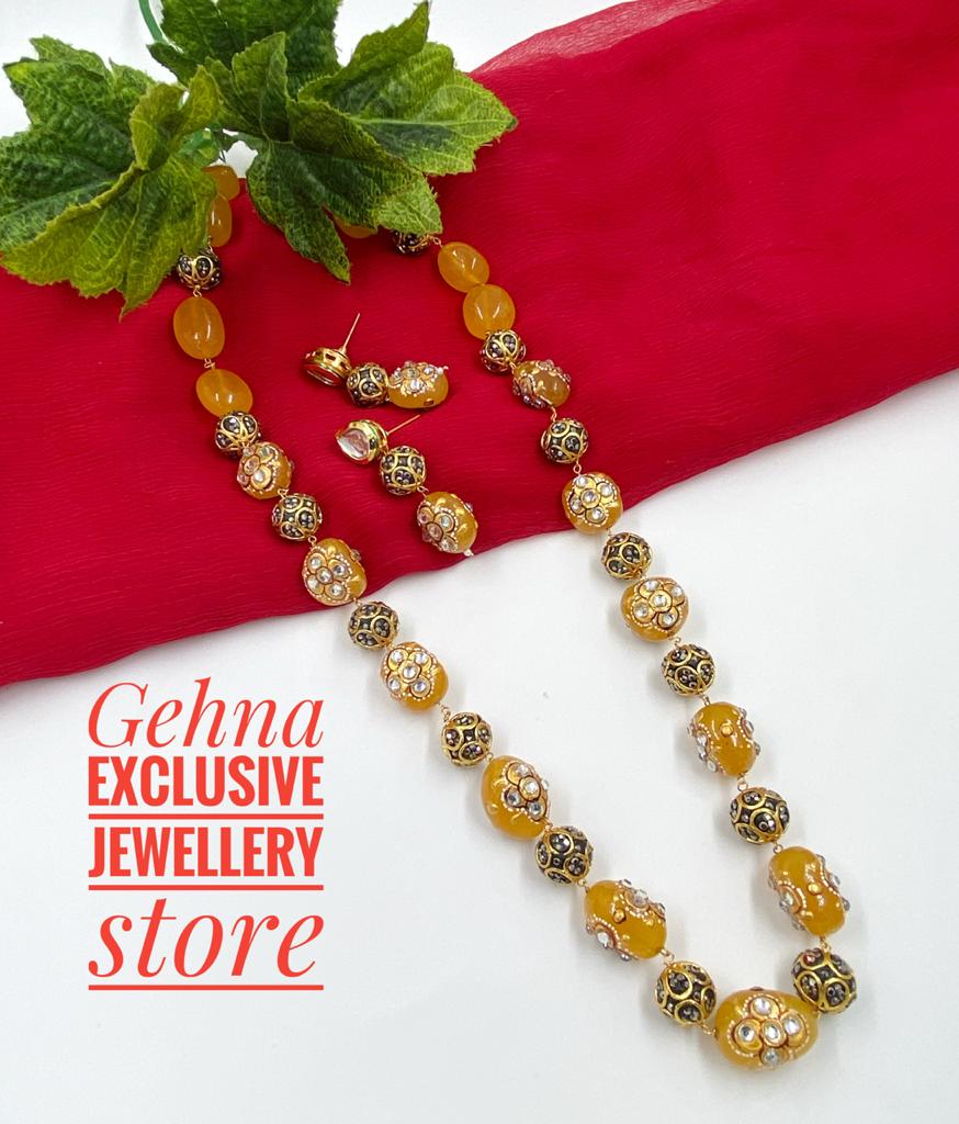 Traditional Handmade Semi Precious Single Strand Yellow Jade Thanjavur Beaded Necklace Beads Jewellery