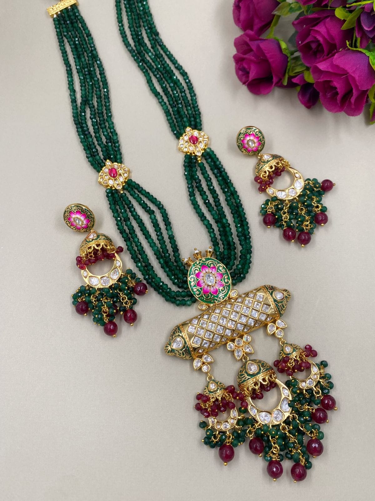 Traditional High Quality Long Kundan Polki And Beads Ranihaar Necklace For Weddings Bridal Necklace Sets