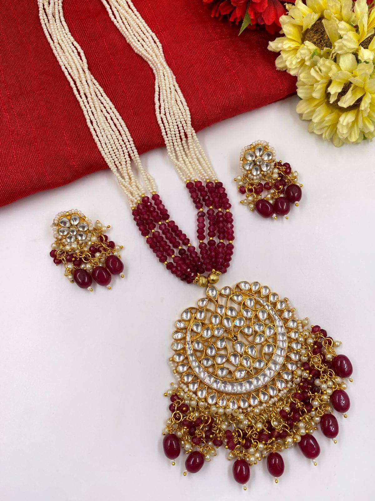 Traditional Jadau Ahmadabadi Kundan Pendant Long Necklace Set For Women By Gehna Shop Kundan Necklace Sets