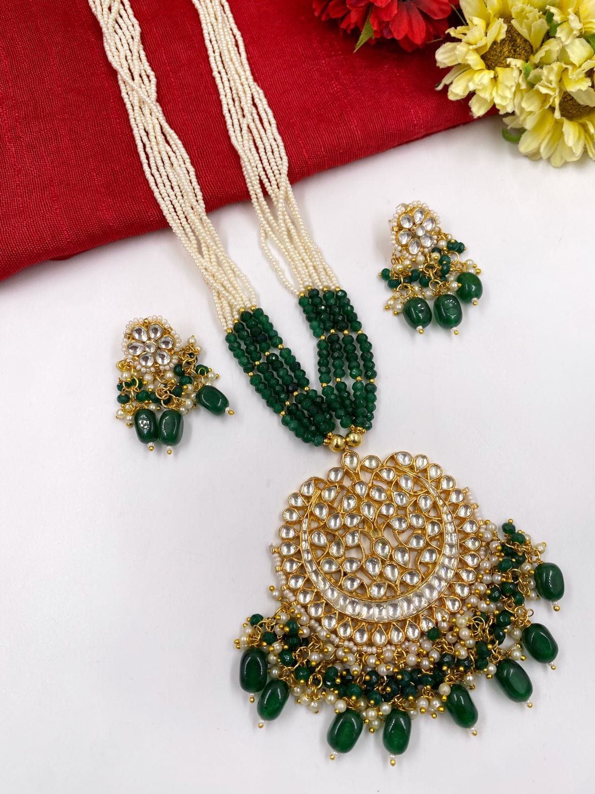 Traditional Jadau Ahmadabadi Long Green Kundan Pendant Necklace Set For Women By Gehna Shop Kundan Necklace Sets
