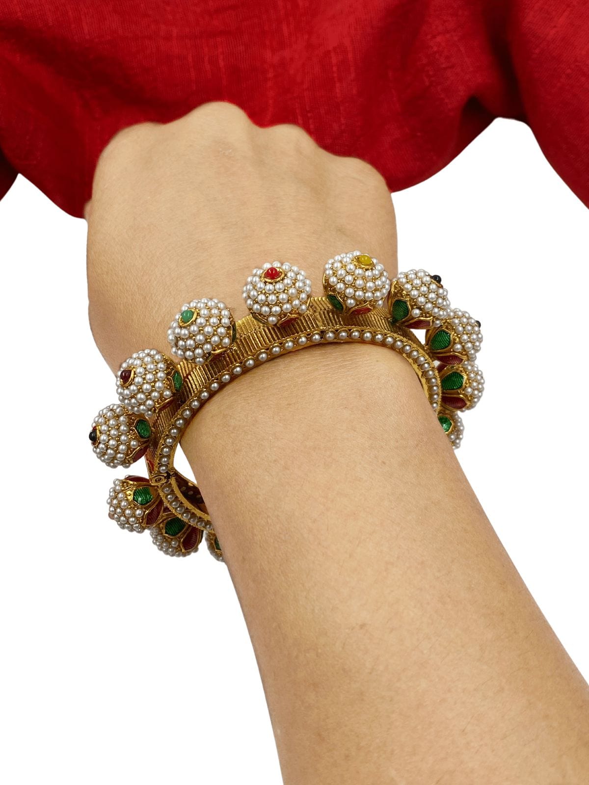 Traditional Jadau Pearls Gokhru Pacheli Bangle Set For Women By Gehna Shop Bangles