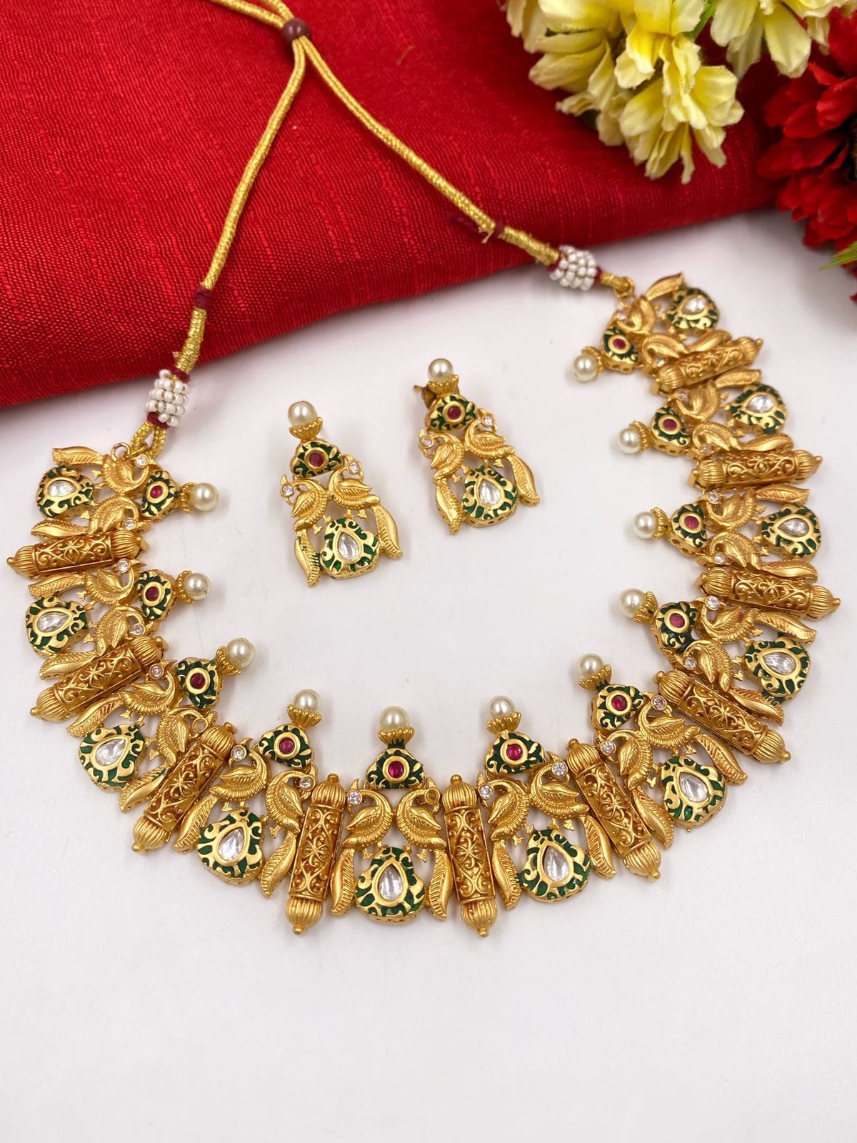 Traditional Light Weight Peacock Design Golden Necklace Set By Gehna Shop Temple Necklace Sets