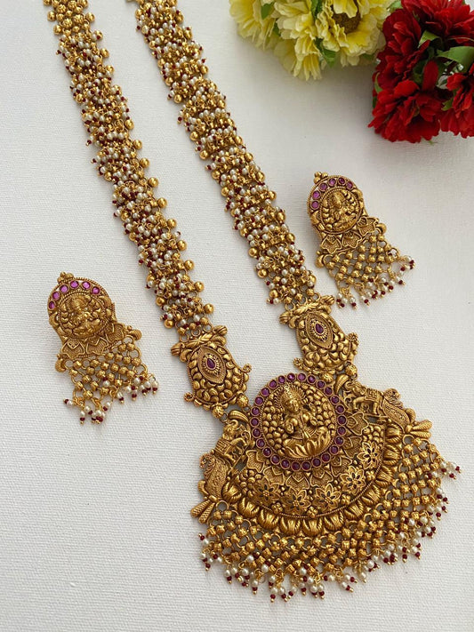 Traditional Long Antique Golden Goddess Lakshmi Temple Necklace By Gehna Shop Bridal Necklace Sets