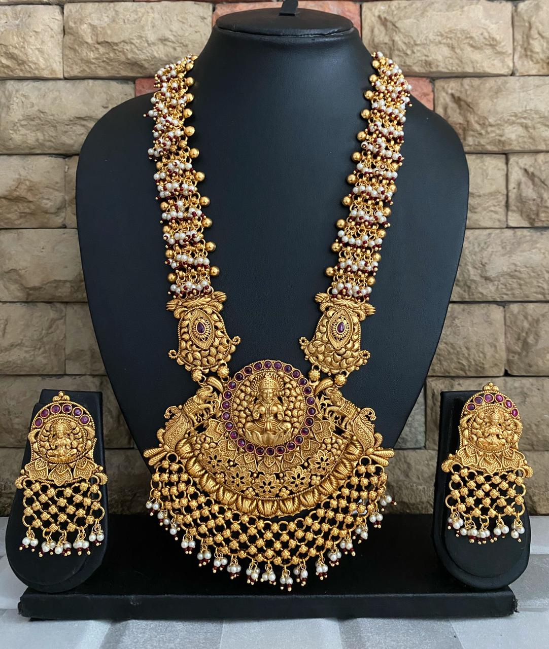Traditional Long Antique Golden Goddess Lakshmi Temple Necklace By Gehna Shop Bridal Necklace Sets