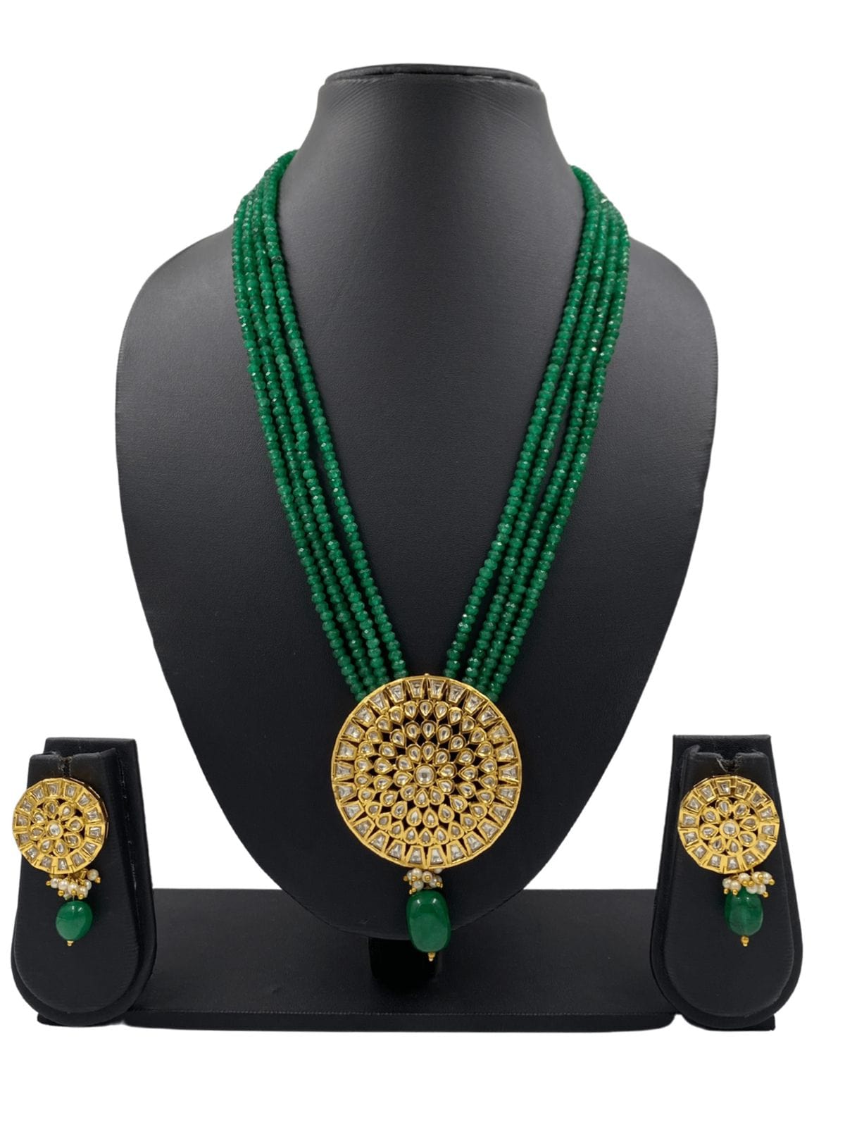 Traditional Long Kundan Pendant Necklace Set With Green Jade Beads For Women Kundan Necklace Sets