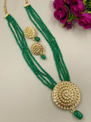 Traditional Long Kundan Pendant Necklace Set With Green Jade Beads For Women Kundan Necklace Sets