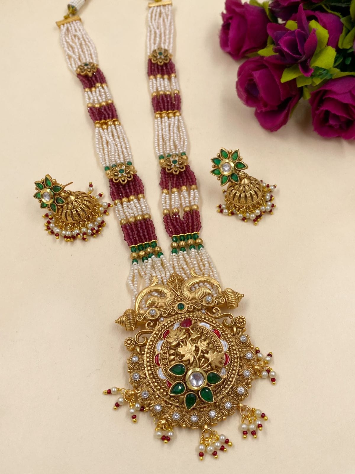 Traditional Long Pendant Necklace With Pearls For Weddings By Gehna Shop Antique Golden Necklace Sets