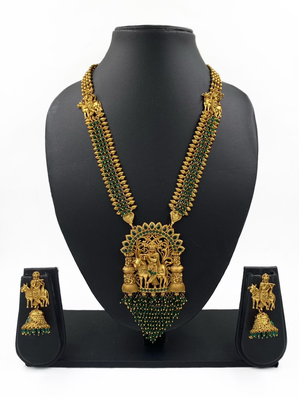 Traditional Lord Krishna Green South Indian Temple Necklace Set For Ladies By Gehna Shop Temple Necklace Sets
