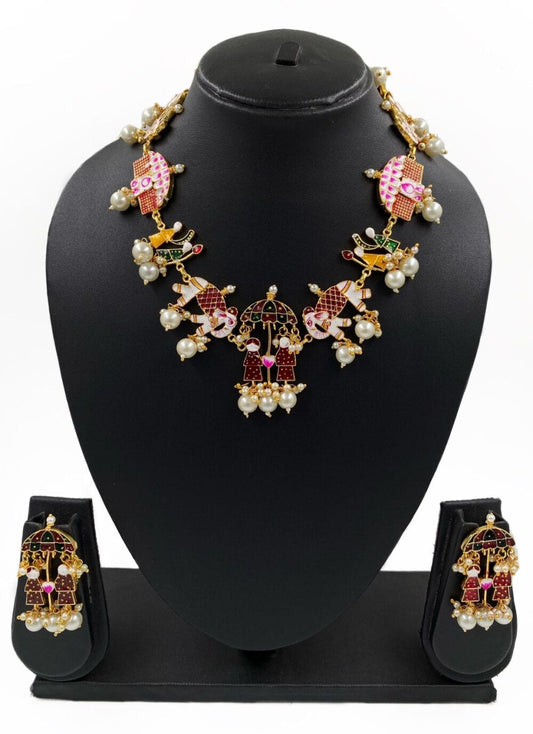 Traditional Multi-Color Brass Meenakari Doli Baraat Payal Necklace Set For Women Meenakari Necklace Sets