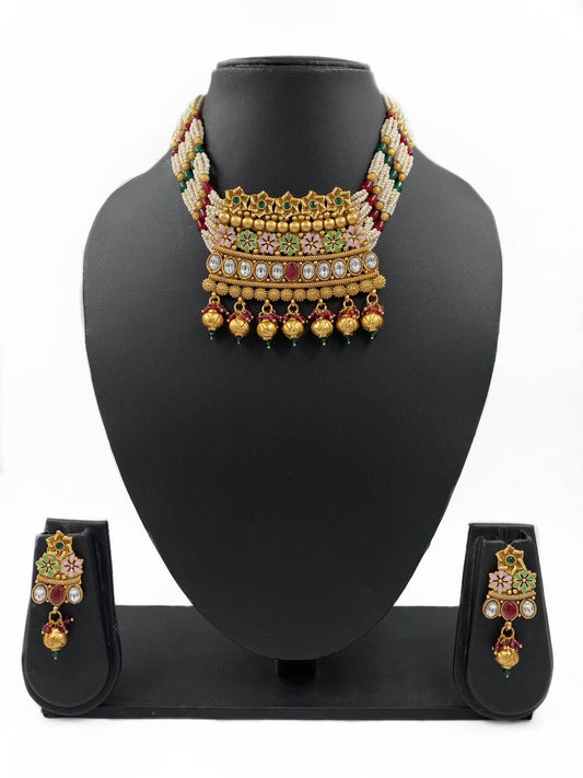 Traditional Multi Color Meenakari Antique Golden Short Necklace Set Meenakari Necklace Sets