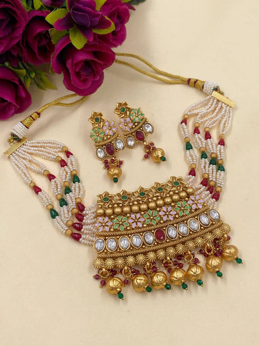 Traditional Multi Color Meenakari Antique Golden Short Necklace Set Meenakari Necklace Sets
